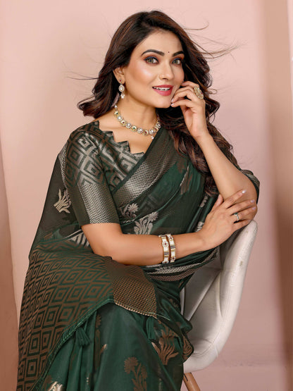 Aastha Fashion Dark Green Soft Organza Silk Weaving Saree