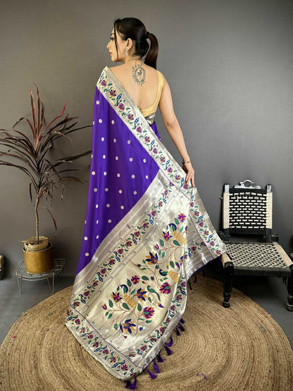 Prime Volt Premium Soft Silk Mayur Paithani Saree with Peacock Meena Weaving & Rich Pallu-Royal Purple