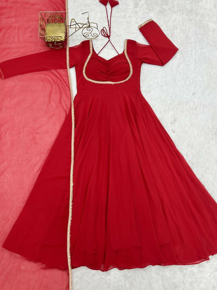 The52 Women's Gorgeous Solid Fox Blooming Georgette Fabric Flared Anarkali and Dupatta Set-Red