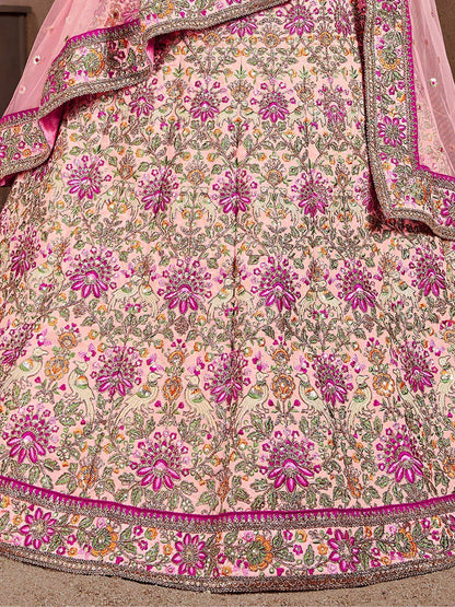 Tulsi Art Peach Embroidered Taffeta Silk Bridal Wear Lehenga Choli