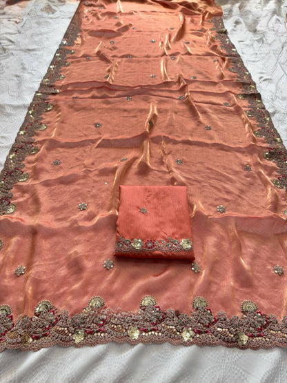 Teeya Creation New Womens Latest Party Wear Soft Chiffon Silk Saree-Peach
