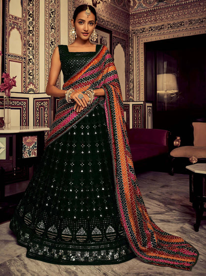 Tulsi Art Captivating Bottle Green Thread Work Georgette Lehenga Choli With Dupatta