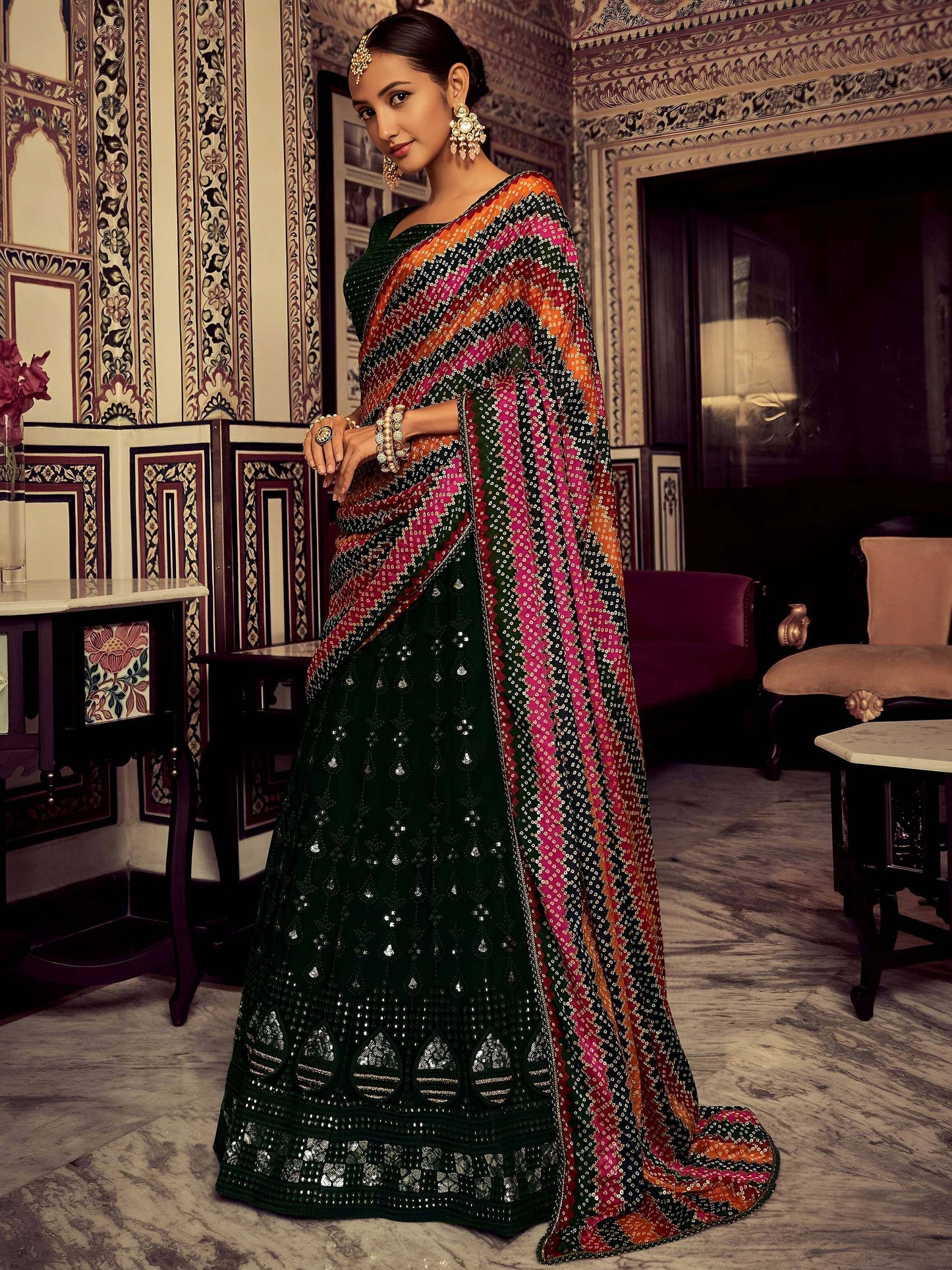 Tulsi Art Captivating Bottle Green Thread Work Georgette Lehenga Choli With Dupatta