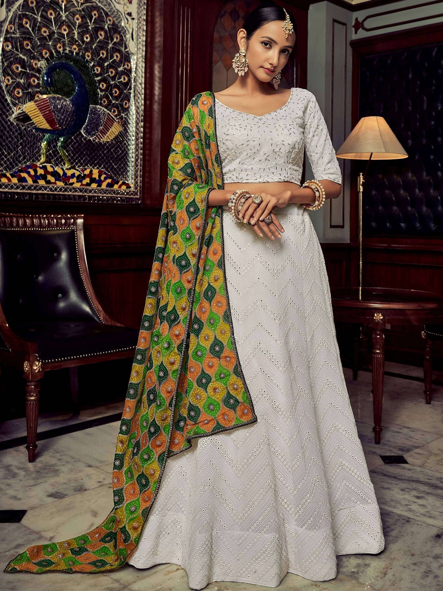 Tulsi Art Wonderful White Sequins Georgette Sangeet Wear Lehenga Choli With Dupatta