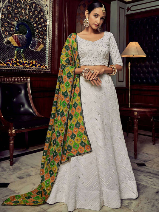 Tulsi Art Wonderful White Sequins Georgette Sangeet Wear Lehenga Choli With Dupatta