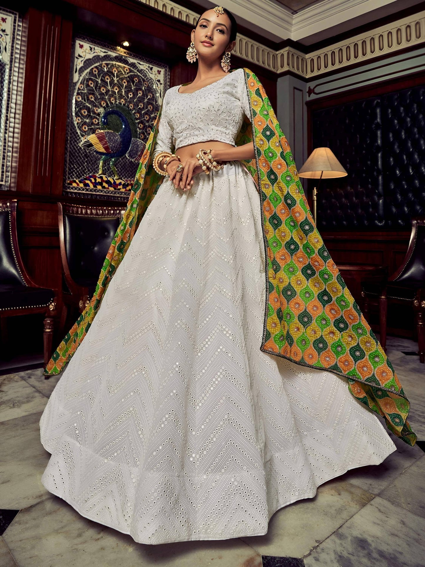 Tulsi Art Wonderful White Sequins Georgette Sangeet Wear Lehenga Choli With Dupatta