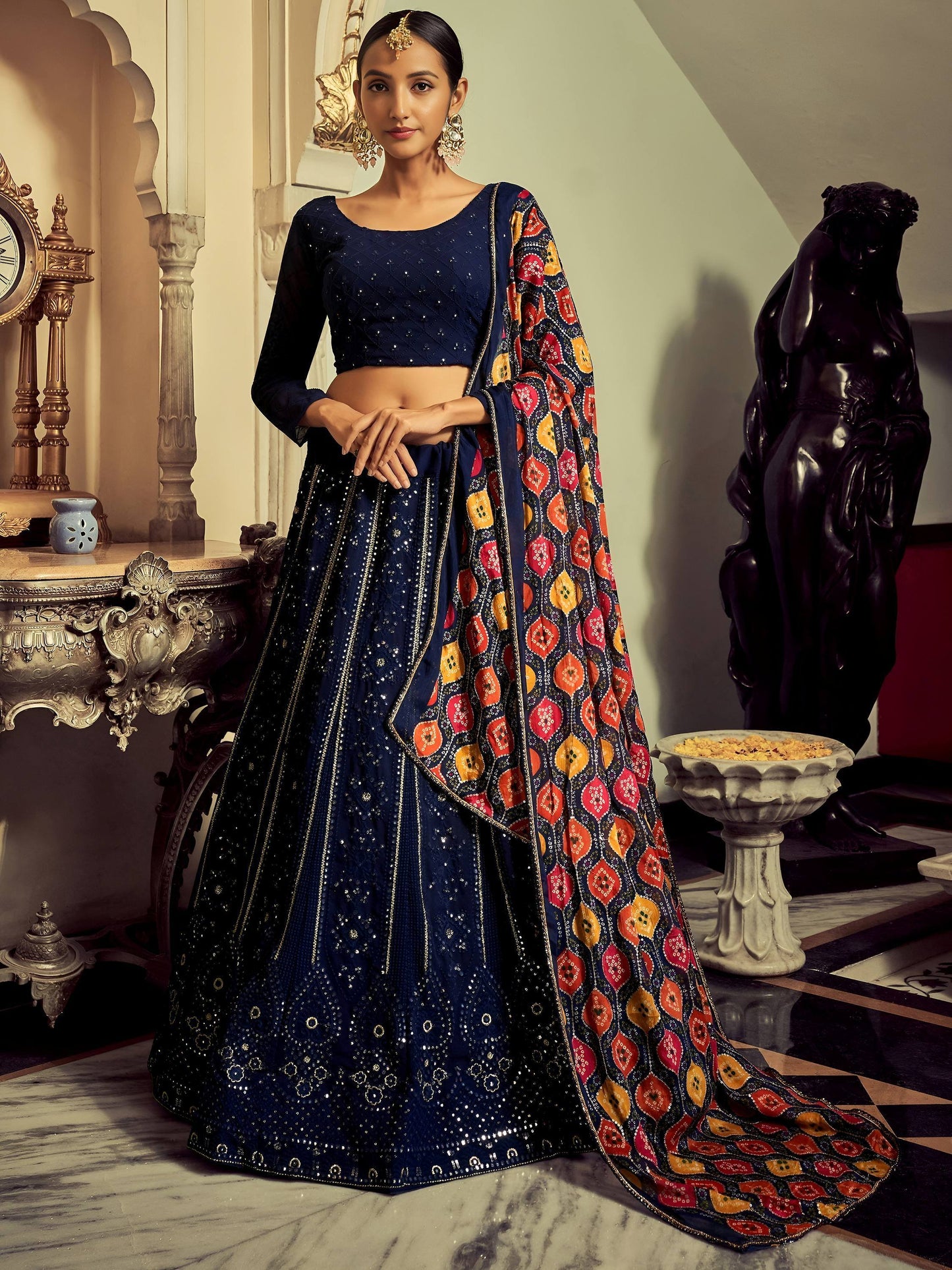 Tulsi Art Excellent Navy Blue Thread Work Georgette Event Wear Lehenga Choli