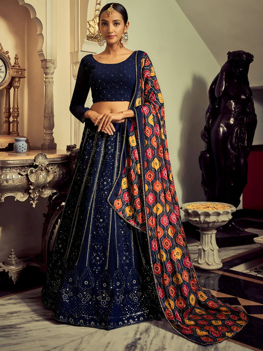 Tulsi Art Excellent Navy Blue Thread Work Georgette Event Wear Lehenga Choli