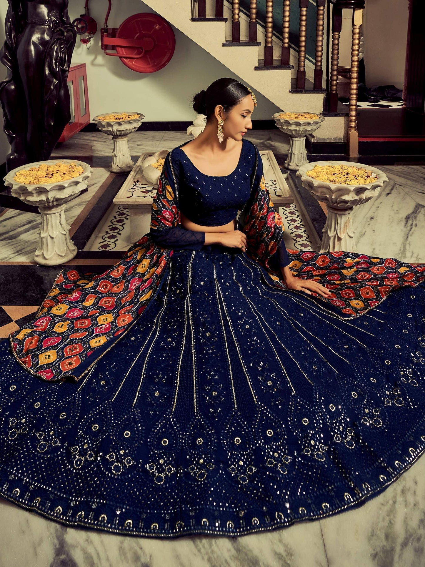Tulsi Art Excellent Navy Blue Thread Work Georgette Event Wear Lehenga Choli