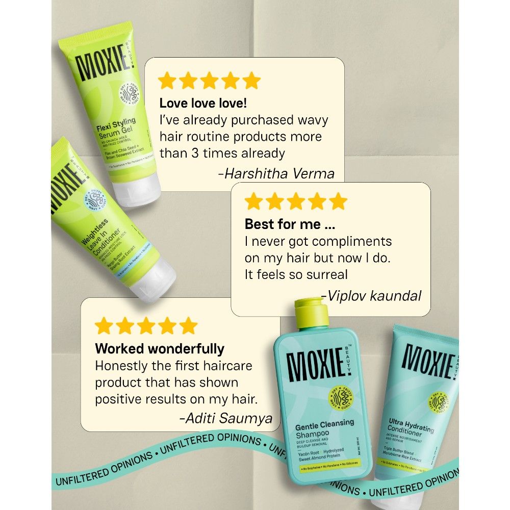 Moxie Beauty Wavy Travel Routine - Shampoo, Conditioner, Leave-In Conditioner & Styling Serum Gel