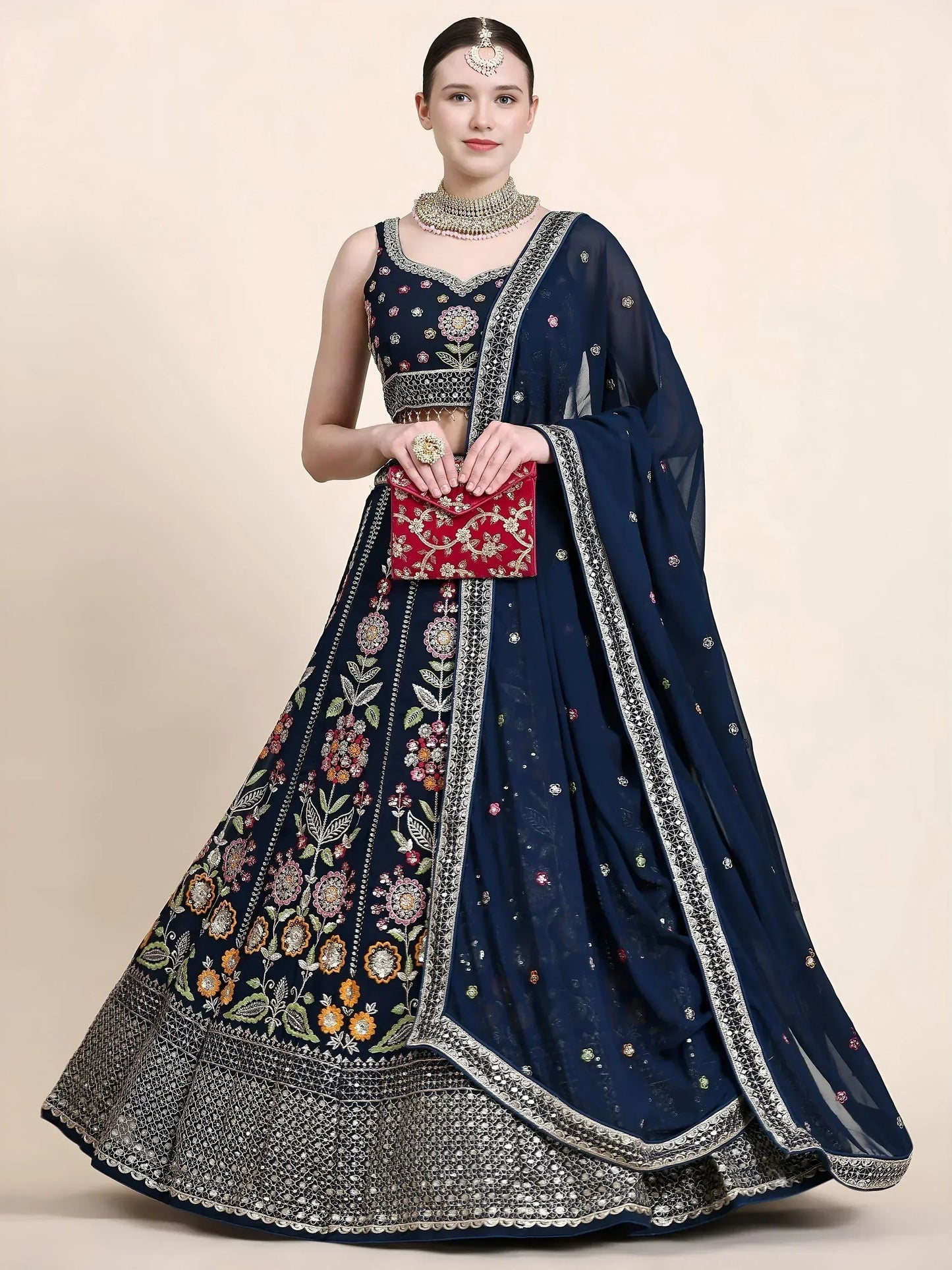 Tulsi Art Outstanding Navy Blue Floral Embroidered Georgette Sangeet Wear Lehenga Choli