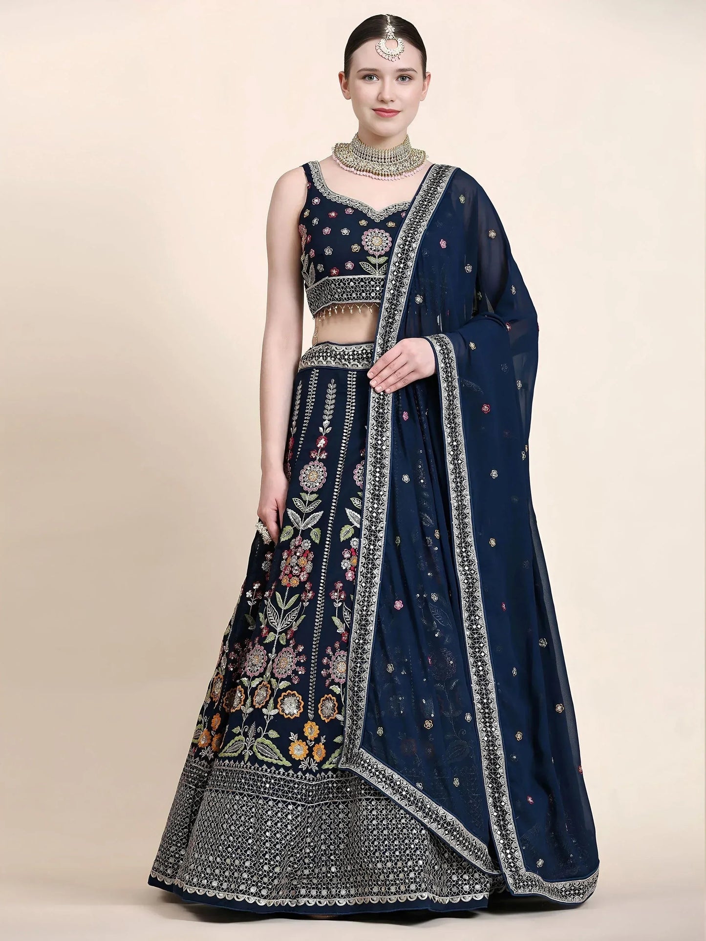 Tulsi Art Outstanding Navy Blue Floral Embroidered Georgette Sangeet Wear Lehenga Choli