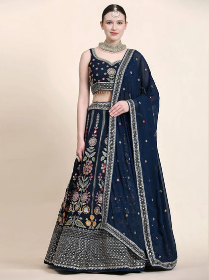 Tulsi Art Outstanding Navy Blue Floral Embroidered Georgette Sangeet Wear Lehenga Choli