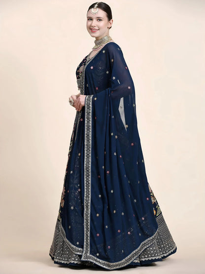 Tulsi Art Outstanding Navy Blue Floral Embroidered Georgette Sangeet Wear Lehenga Choli