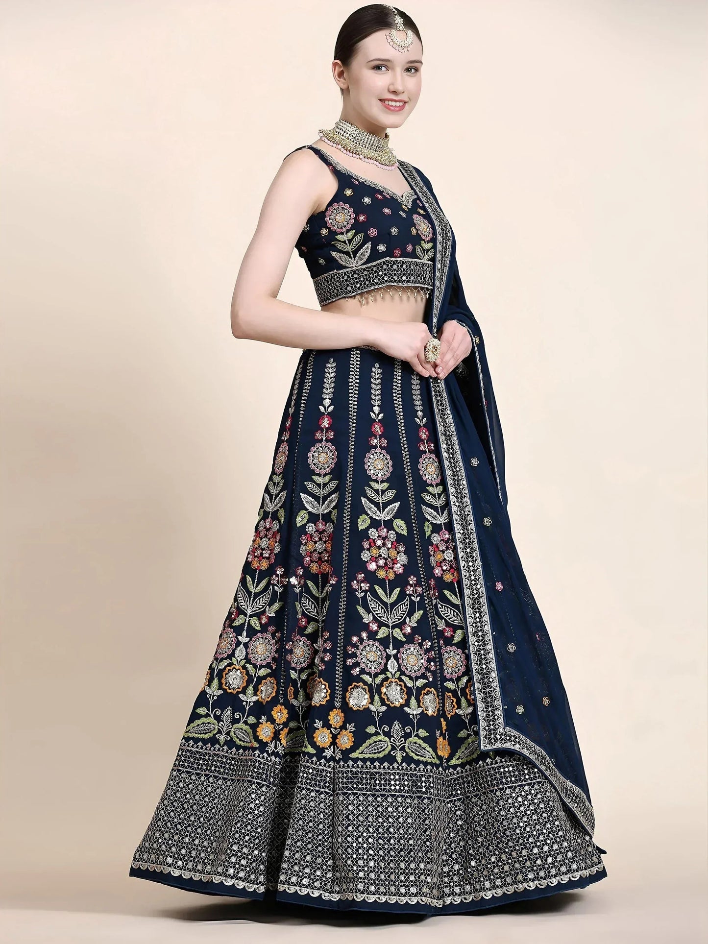 Tulsi Art Outstanding Navy Blue Floral Embroidered Georgette Sangeet Wear Lehenga Choli