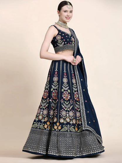Tulsi Art Outstanding Navy Blue Floral Embroidered Georgette Sangeet Wear Lehenga Choli