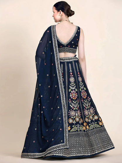 Tulsi Art Outstanding Navy Blue Floral Embroidered Georgette Sangeet Wear Lehenga Choli