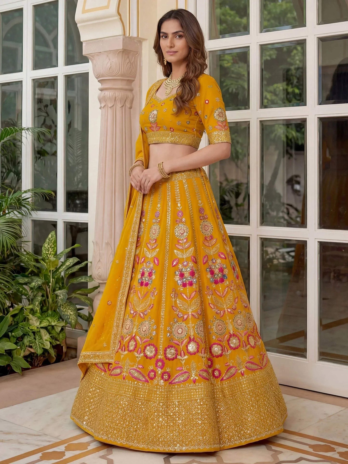 Tulsi Art Alluring Yellow Sequins Georgette Wedding Wear Lehenga Choli