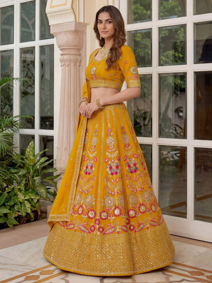 Tulsi Art Alluring Yellow Sequins Georgette Wedding Wear Lehenga Choli