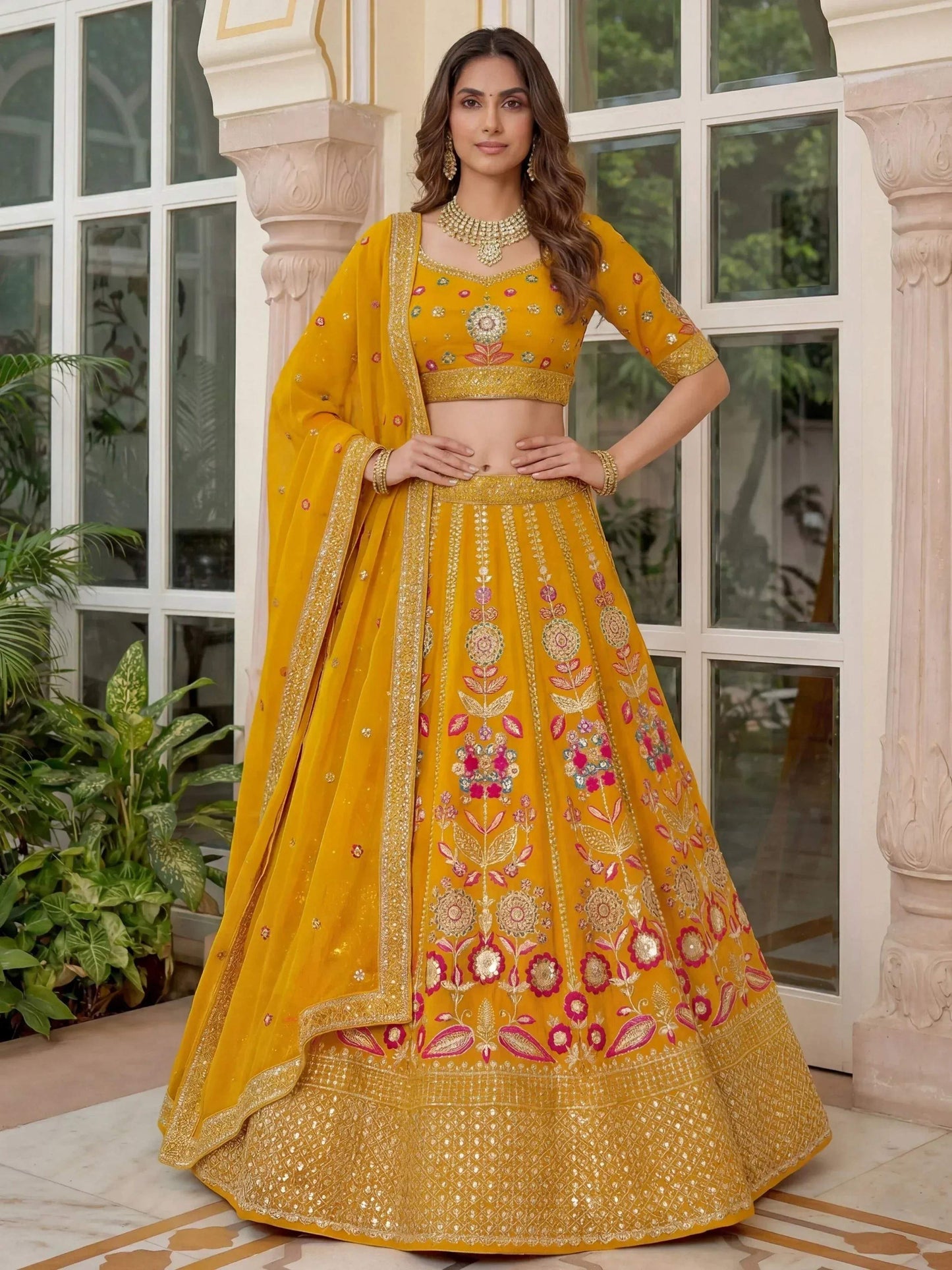 Tulsi Art Alluring Yellow Sequins Georgette Wedding Wear Lehenga Choli