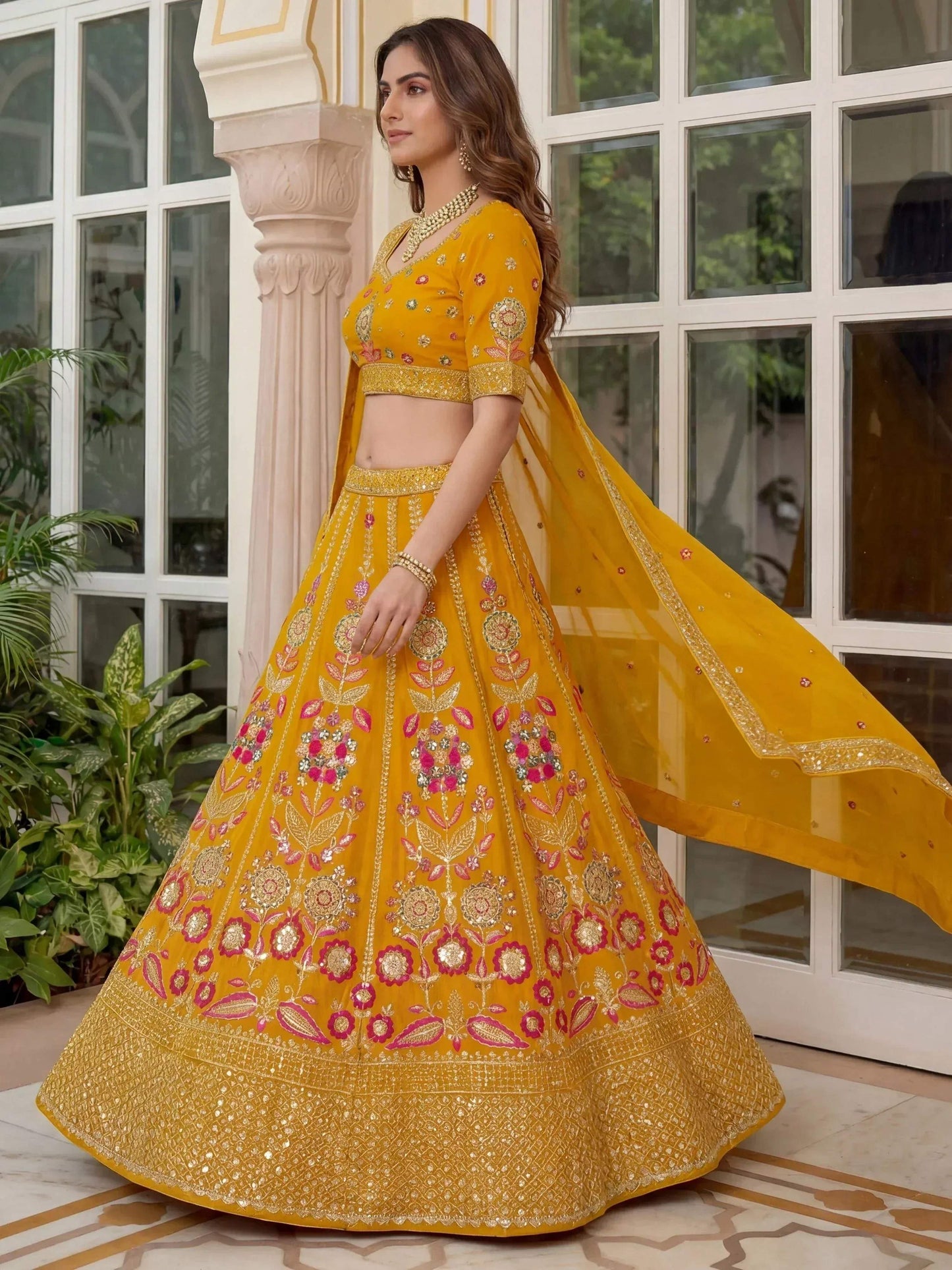 Tulsi Art Alluring Yellow Sequins Georgette Wedding Wear Lehenga Choli
