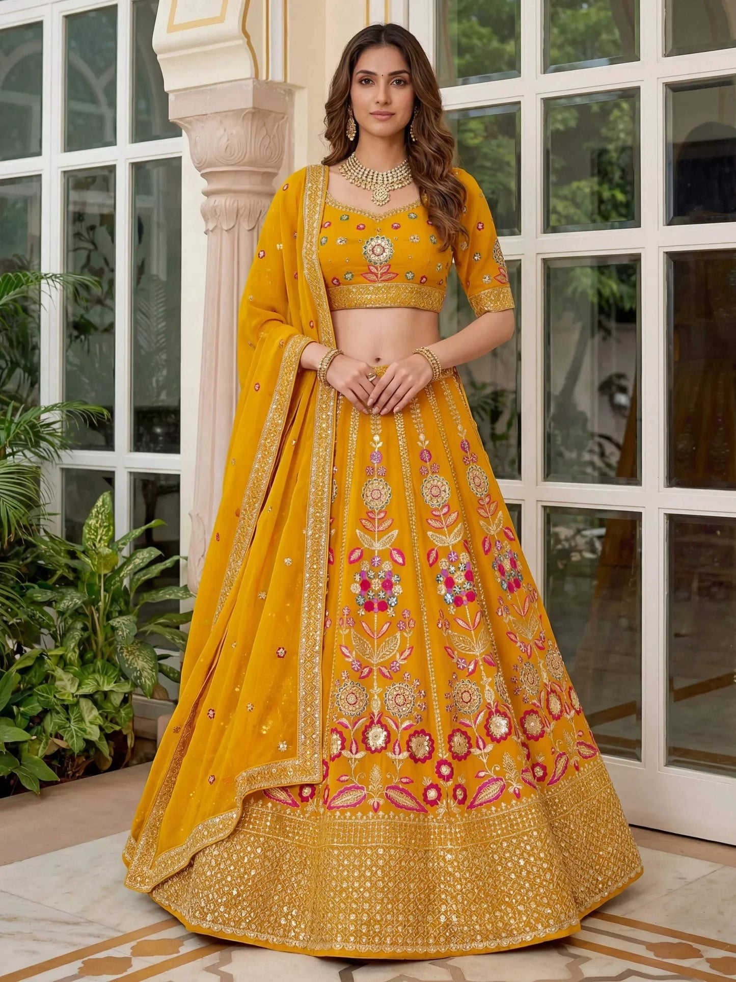 Tulsi Art Alluring Yellow Sequins Georgette Wedding Wear Lehenga Choli