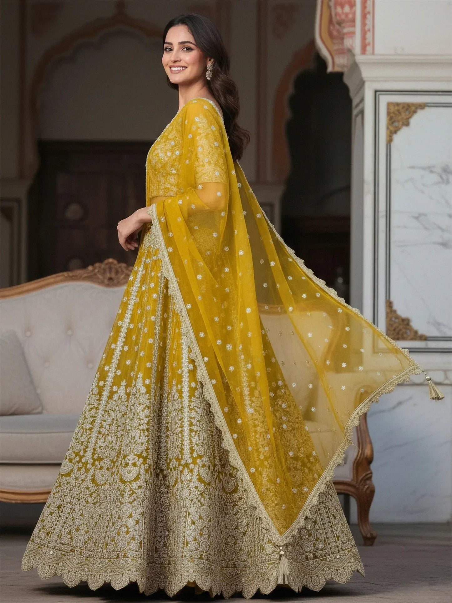 Tulsi Art Incredible Yellow Zari Work Soft Net Bridesmaid Lehenga Choli