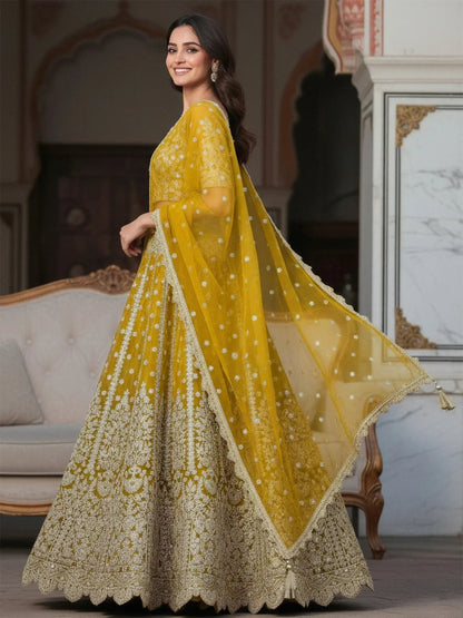 Tulsi Art Incredible Yellow Zari Work Soft Net Bridesmaid Lehenga Choli