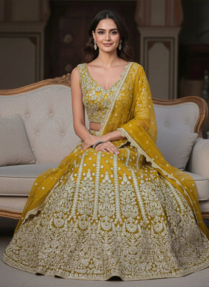 Tulsi Art Incredible Yellow Zari Work Soft Net Bridesmaid Lehenga Choli