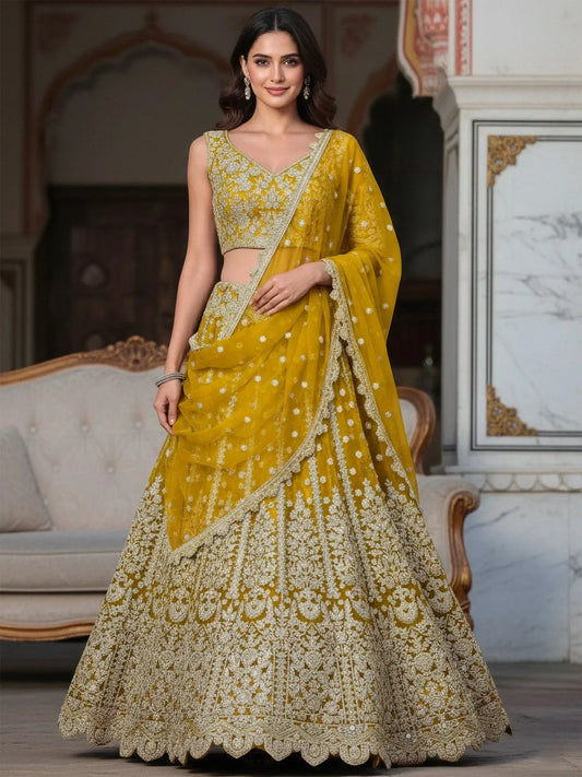 Tulsi Art Incredible Yellow Zari Work Soft Net Bridesmaid Lehenga Choli
