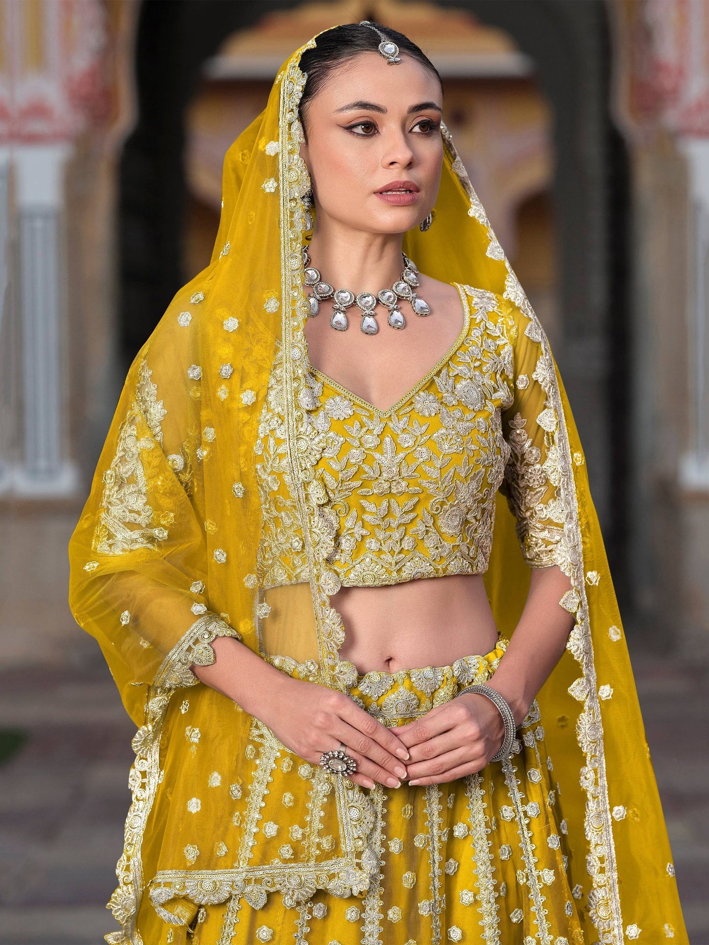 Tulsi Art Mesmerizing Yellow Sequins Net Bridesmaid Lehenga Choli With Dupatta