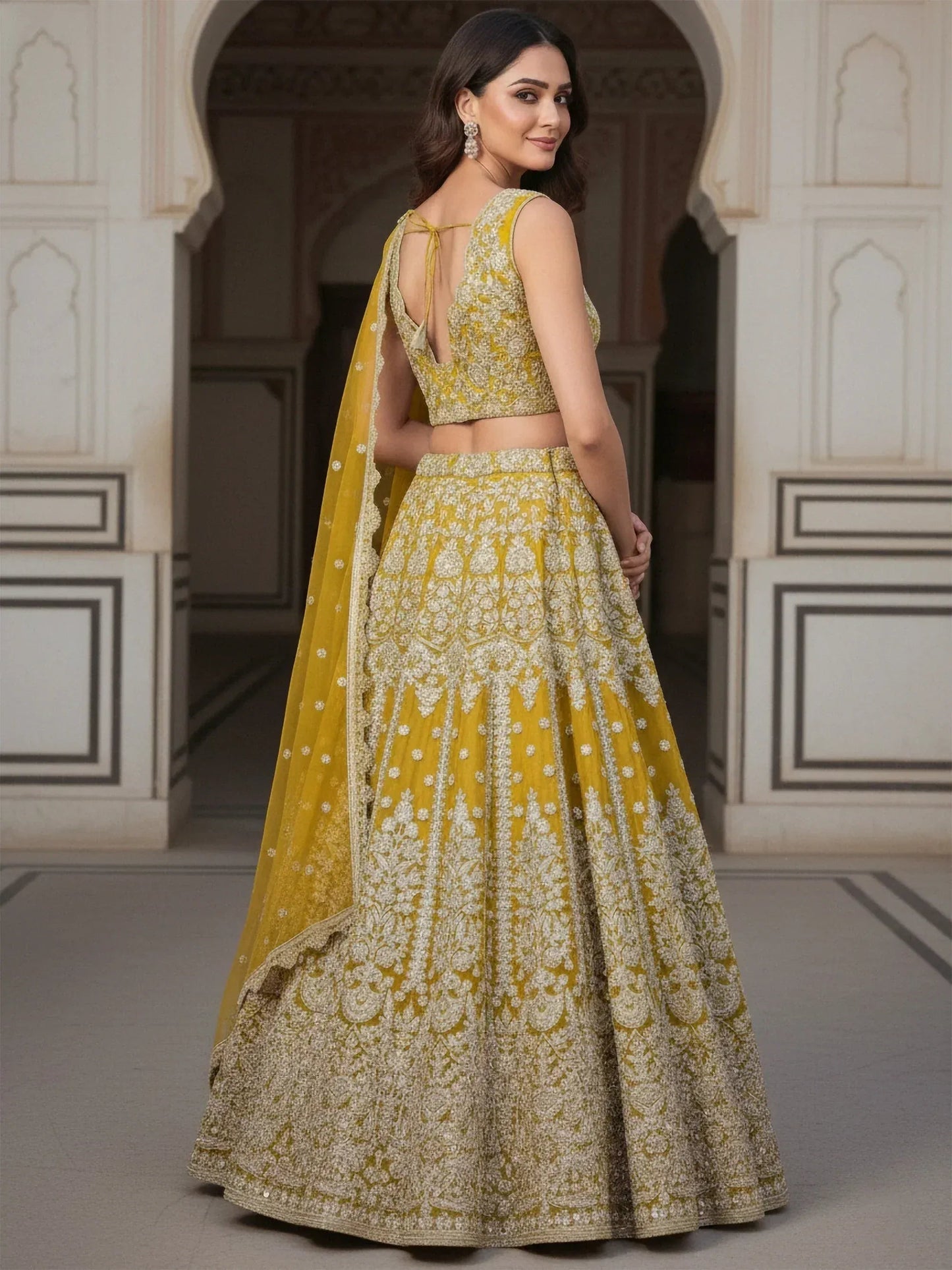 Tulsi Art Incredible Yellow Zari Work Soft Net Bridesmaid Lehenga Choli
