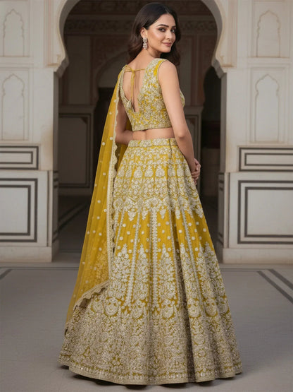 Tulsi Art Incredible Yellow Zari Work Soft Net Bridesmaid Lehenga Choli