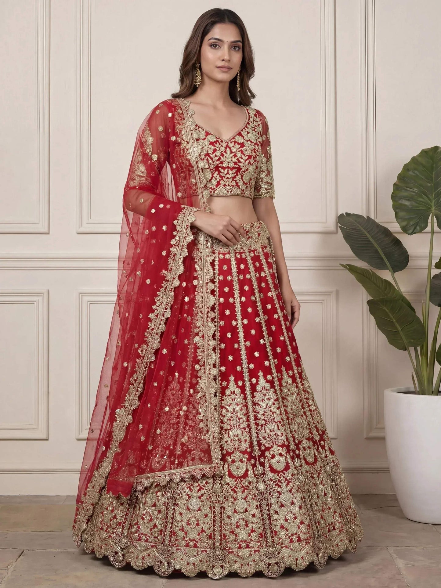Tulsi Art Outstanding Red Zari Embroidered Net Wedding Wear Lehenga Choli