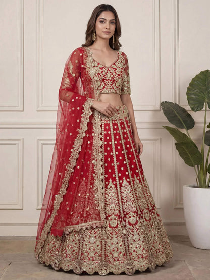 Tulsi Art Outstanding Red Zari Embroidered Net Wedding Wear Lehenga Choli