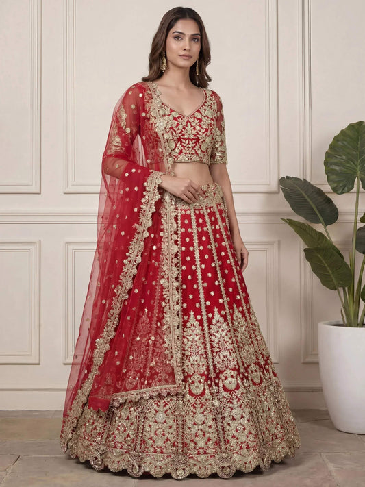 Tulsi Art Outstanding Red Zari Embroidered Net Wedding Wear Lehenga Choli