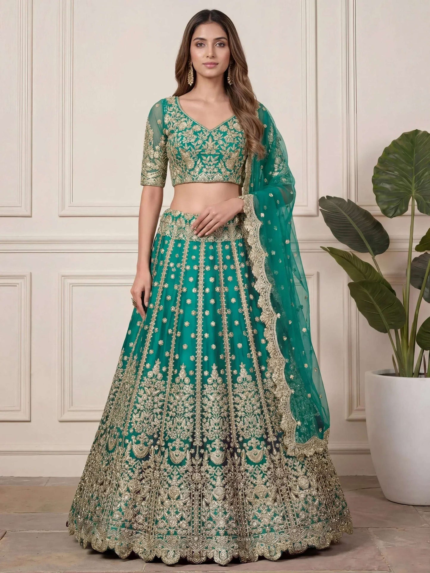Tulsi Art Beautiful Green Embroidered Soft Net Wedding Wear Lehenga Choli