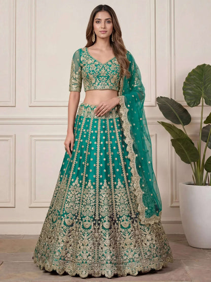 Tulsi Art Beautiful Green Embroidered Soft Net Wedding Wear Lehenga Choli