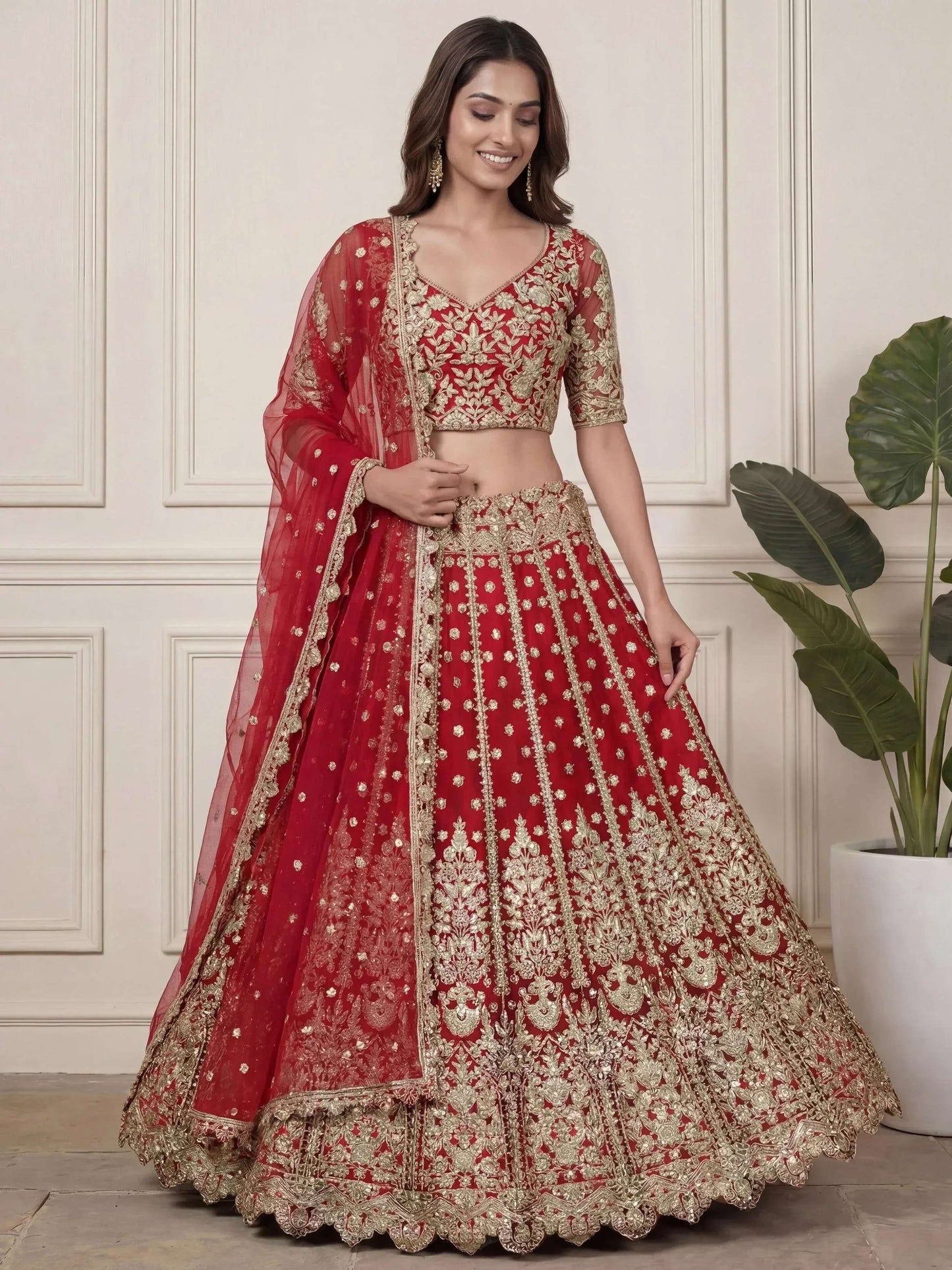 Tulsi Art Outstanding Red Zari Embroidered Net Wedding Wear Lehenga Choli