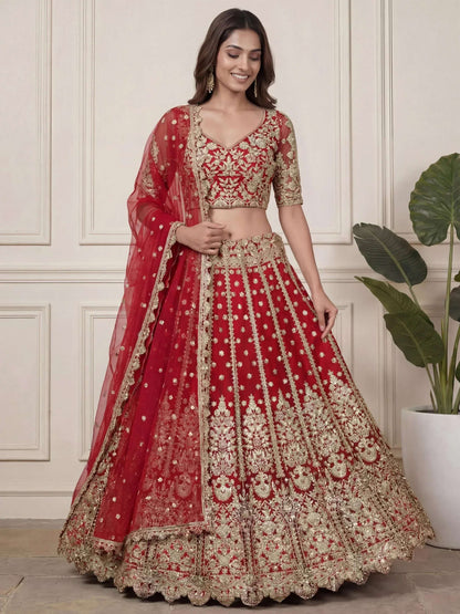 Tulsi Art Outstanding Red Zari Embroidered Net Wedding Wear Lehenga Choli
