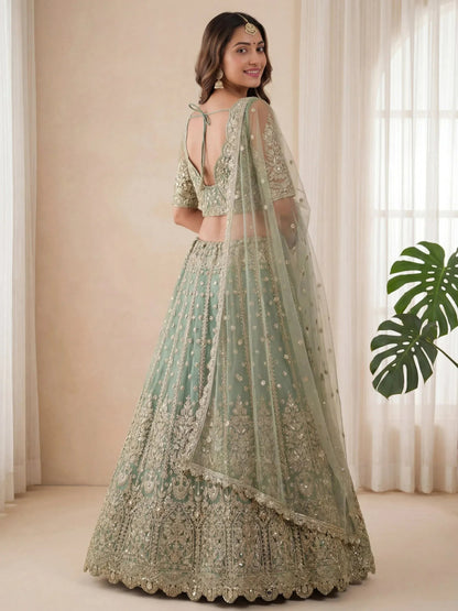 Tulsi Art Dazzling Green Embroidered Soft Net Function Wear Lehenga Choli