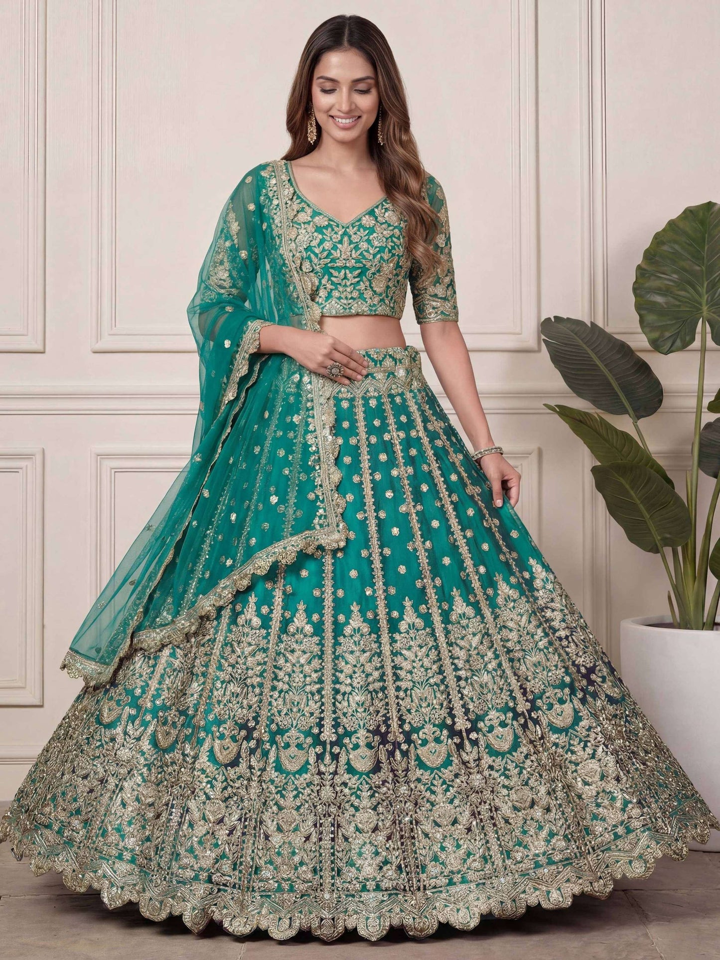 Tulsi Art Beautiful Green Embroidered Soft Net Wedding Wear Lehenga Choli