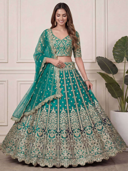 Tulsi Art Beautiful Green Embroidered Soft Net Wedding Wear Lehenga Choli