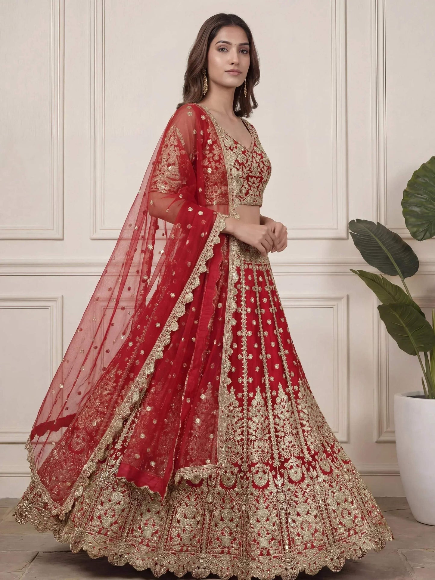 Tulsi Art Outstanding Red Zari Embroidered Net Wedding Wear Lehenga Choli