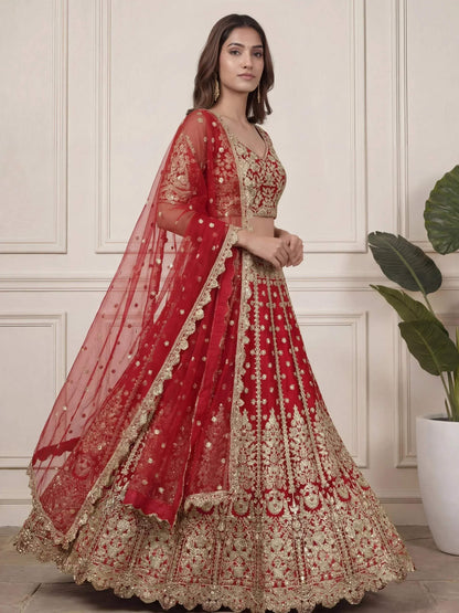 Tulsi Art Outstanding Red Zari Embroidered Net Wedding Wear Lehenga Choli