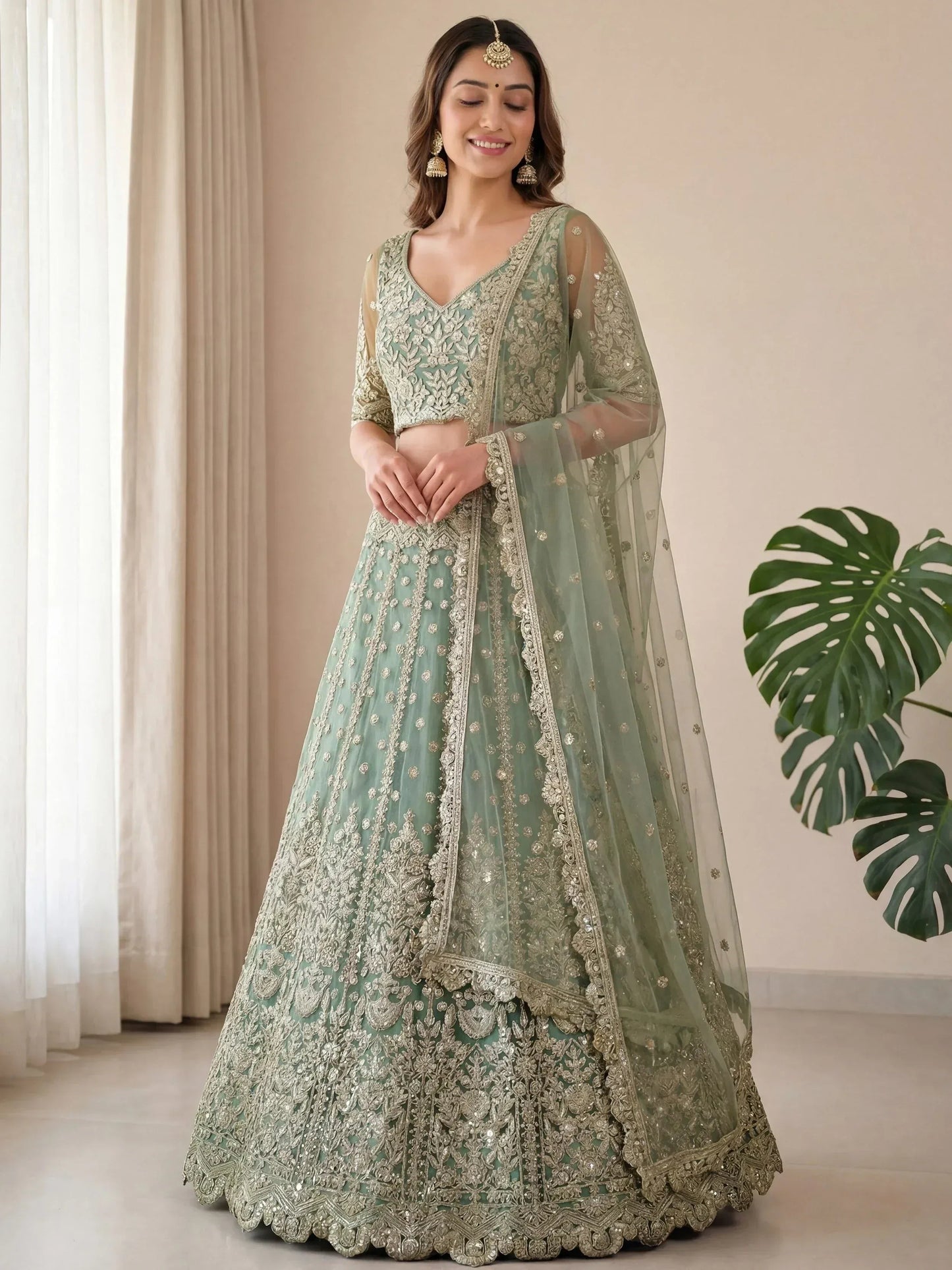 Tulsi Art Dazzling Green Embroidered Soft Net Function Wear Lehenga Choli