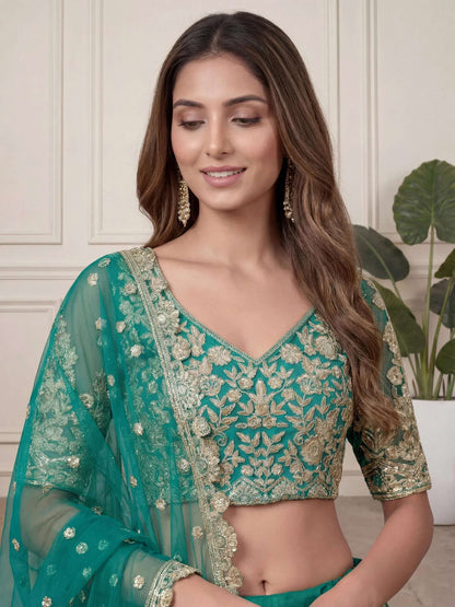 Tulsi Art Beautiful Green Embroidered Soft Net Wedding Wear Lehenga Choli