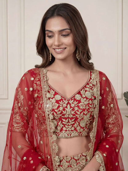 Tulsi Art Outstanding Red Zari Embroidered Net Wedding Wear Lehenga Choli
