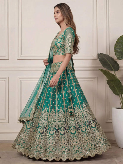 Tulsi Art Beautiful Green Embroidered Soft Net Wedding Wear Lehenga Choli