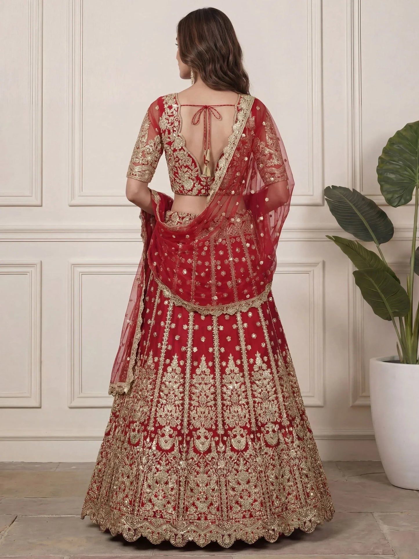 Tulsi Art Outstanding Red Zari Embroidered Net Wedding Wear Lehenga Choli